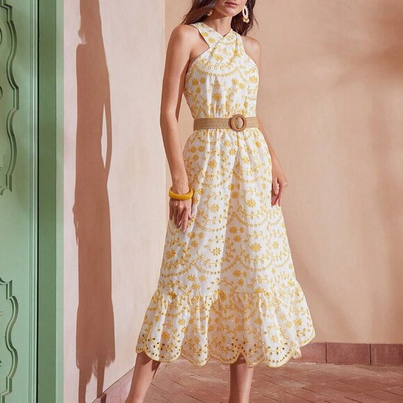 YELLOW WOMEN'S SCALLOP RUFFLE HEM HALTER NECK EMBROIDERY SCHIFFY DRESS - Picture 7 of 8